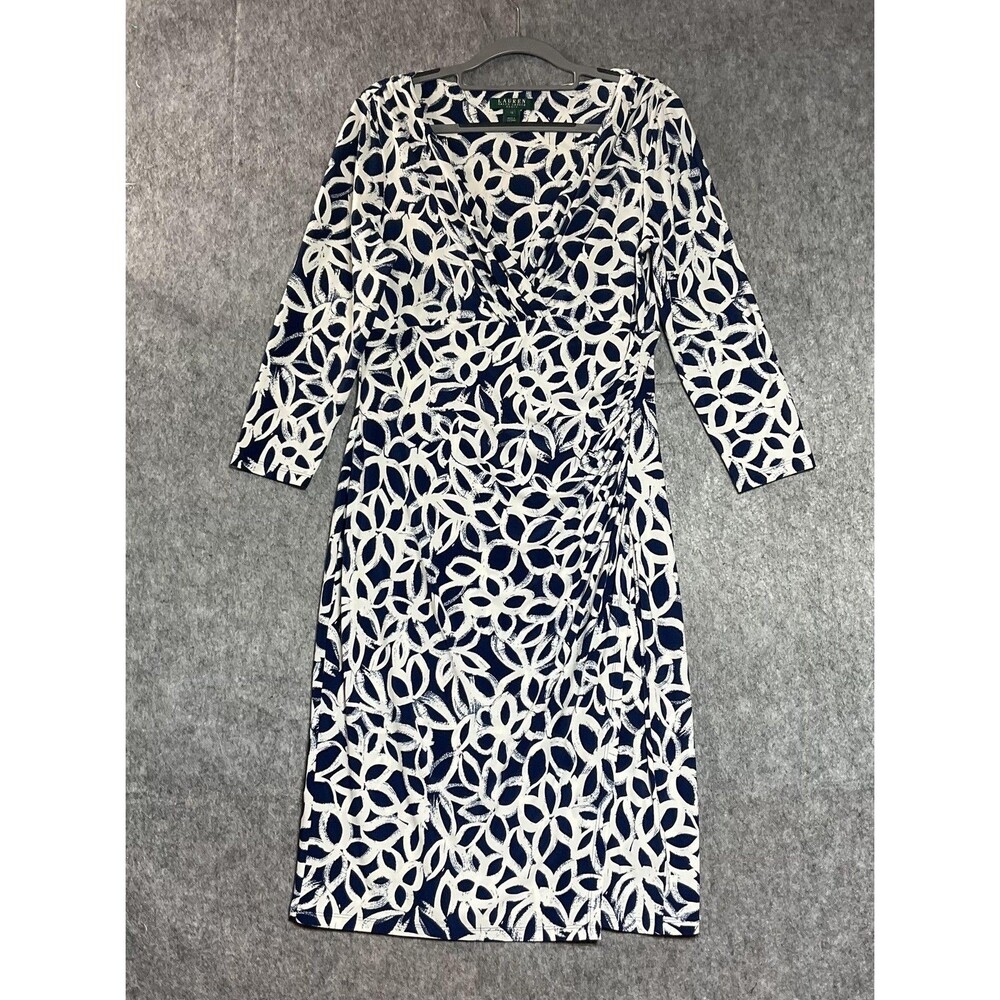 Lauren Ralph Lauren Dress Womens 10 Blue Geometric Faux Wrap Ruched 3/4 Sleeve